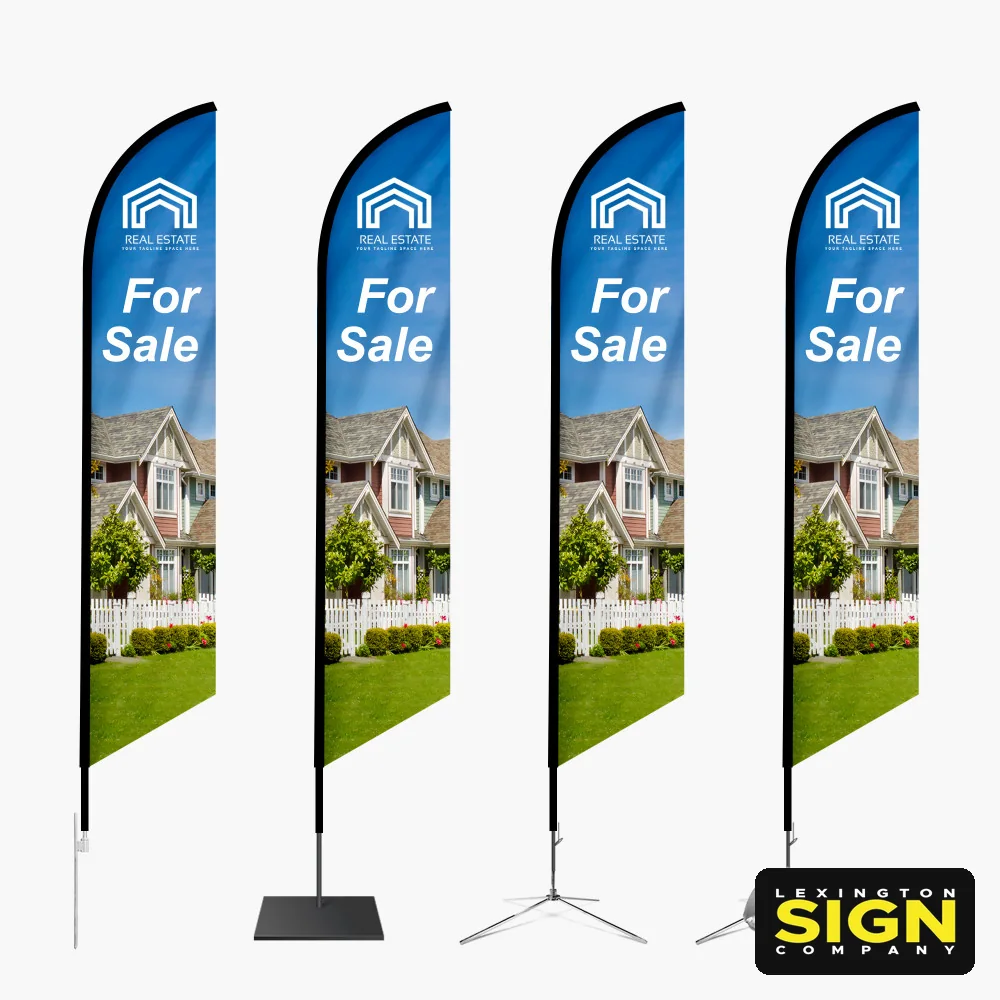 Feather flags on ground stake, square base, cross base and water bag bases