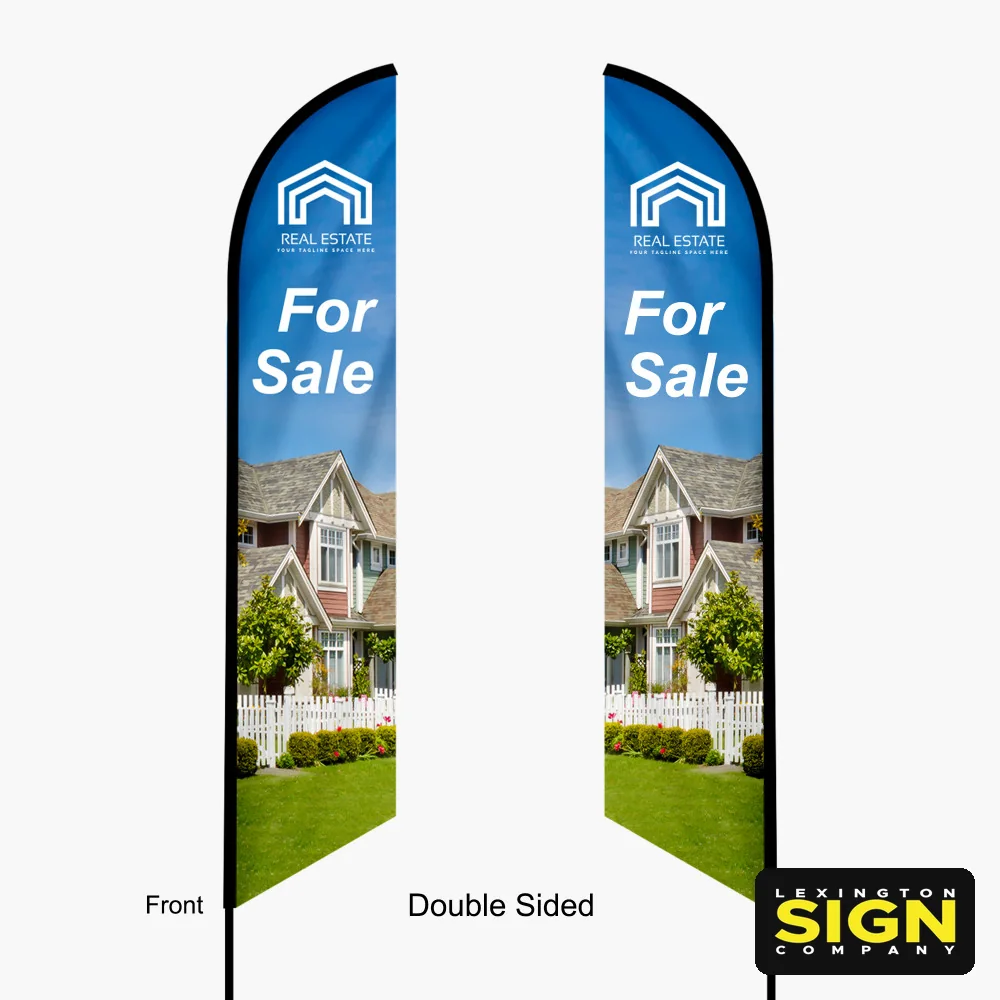 Double-sided feather flag, front and back