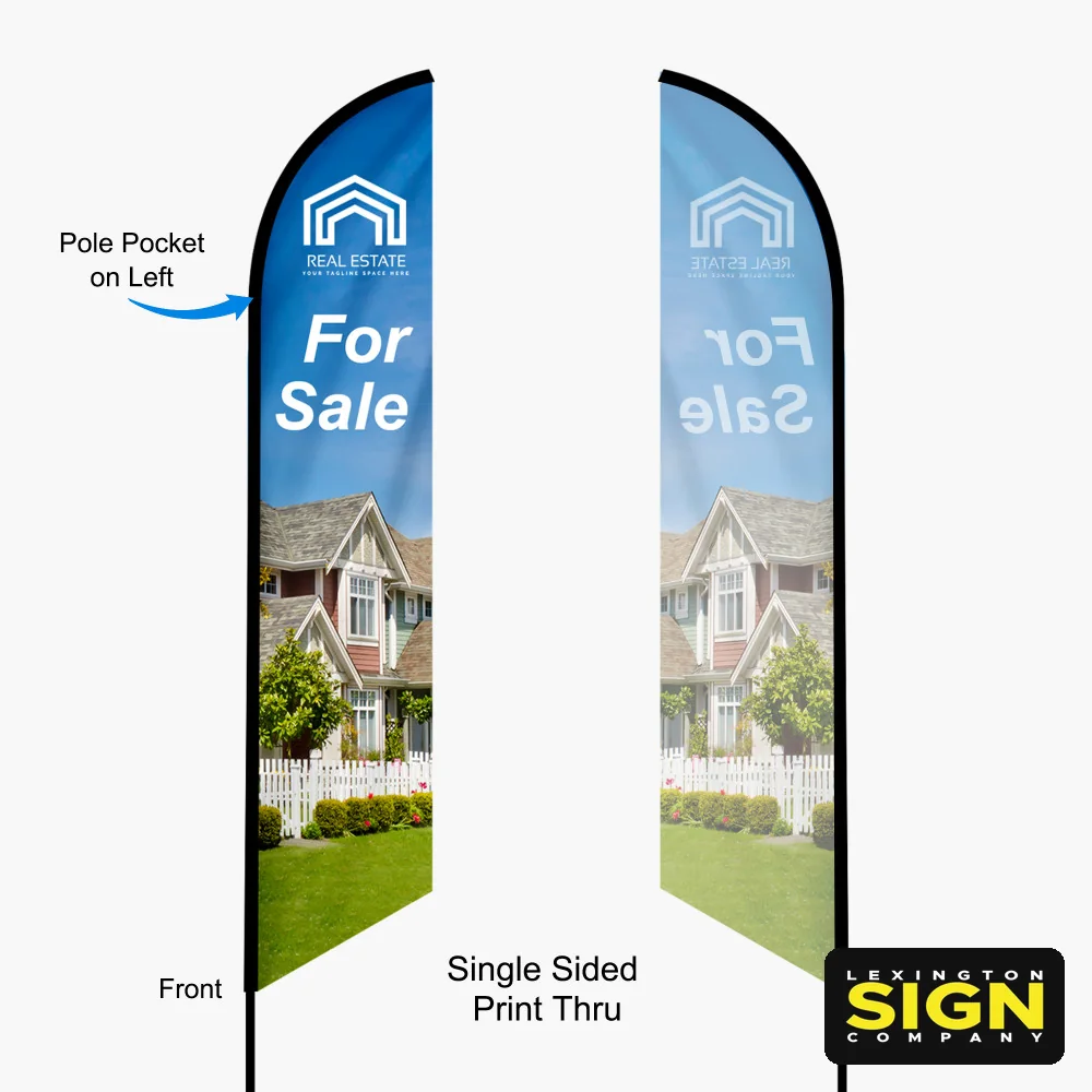 Single-sided print-thru feather flag, front and back view