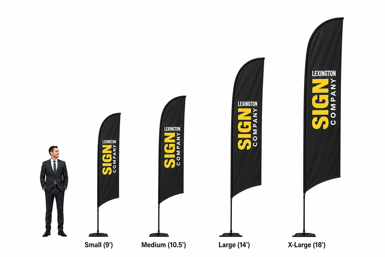Feather flag size reference: Small 9′, Medium 10.5′, Large 14′ and X-Large 18′ flags next to a person