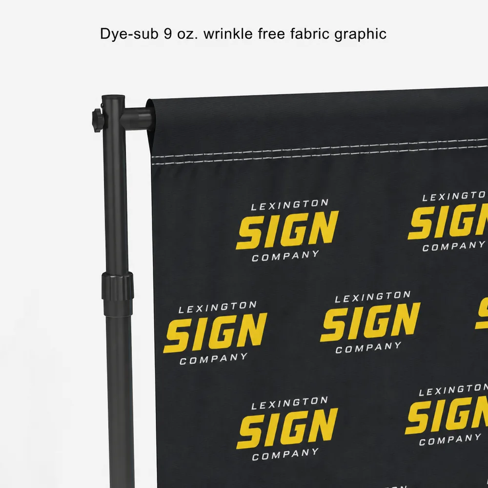 Close-up of the dye-sublimated 9 oz. wrinkle-free fabric graphic and the pole pocket on the frame