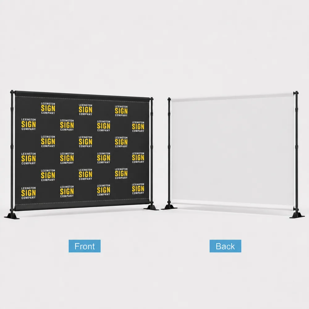 Front and back of the tension fabric step and repeat banner: printed front, plain white back
